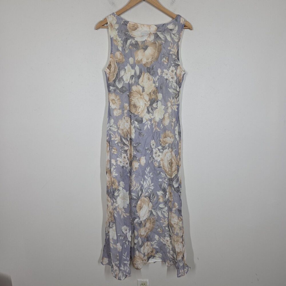 Vtg 90s Gray Floral Crinkle Midi Dress 10 Cottagecore Fairy Grunge Romantic - Picture 6 of 9